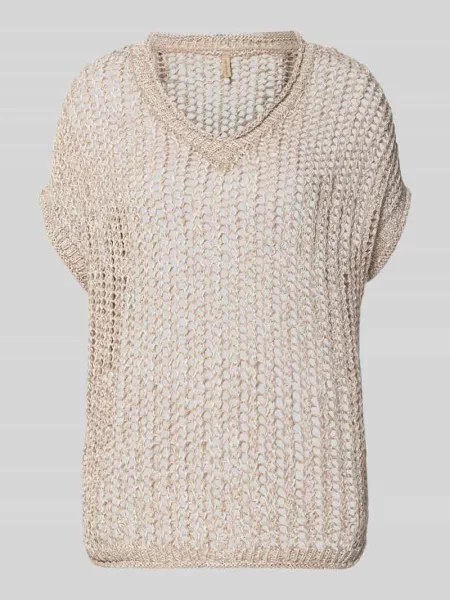 Dzianinowy sweter Soyaconcept z dekoltem w serek z siateczki beżowy