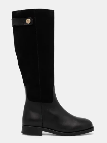 Tommy Hilfiger bőr csizma TH STUD LEATHER MIX LONG BOOT női lapos talpú fekete