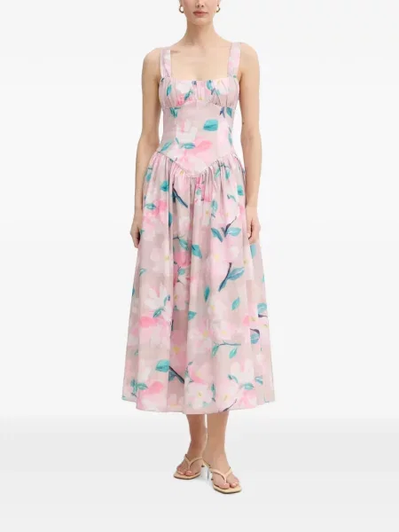 Rochie midi Bardot cu model floral cu imagine roz