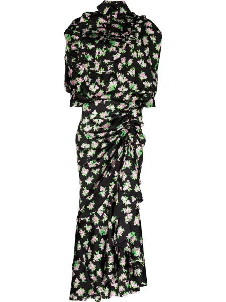 Rochie maxi Natasha Zinko cu model floral cu imagine drapată negru