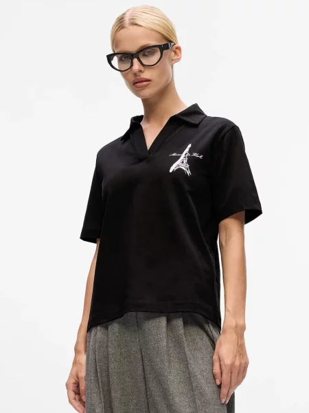 Тениска с яка Karl Lagerfeld дамска черно