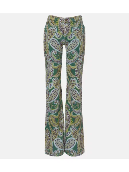 Jeansy dzwony Etro z wysoką talią z wzorem paisley zielone