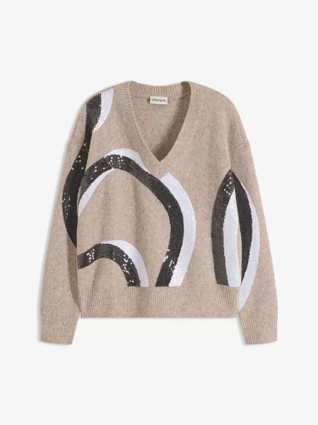 Sweter z aplikacją z cekinów brązowy