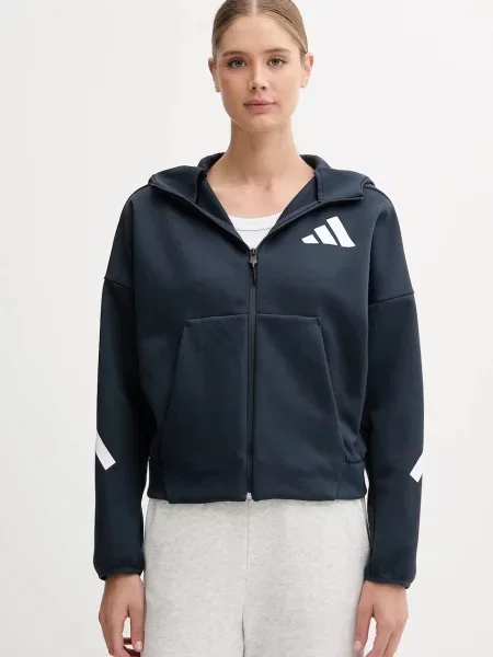 Суичър с качулка Adidas с качулка с принт тъмносиньо