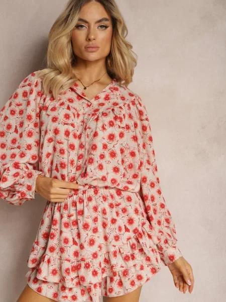 Cămașă Bej-Roșie cu Mânecă Lungă cu cu Guler Înalt Lannese bej