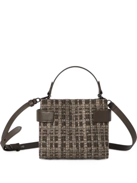 Top Brunello Cucinelli cu broderie din piele de căprioară în carouri maro