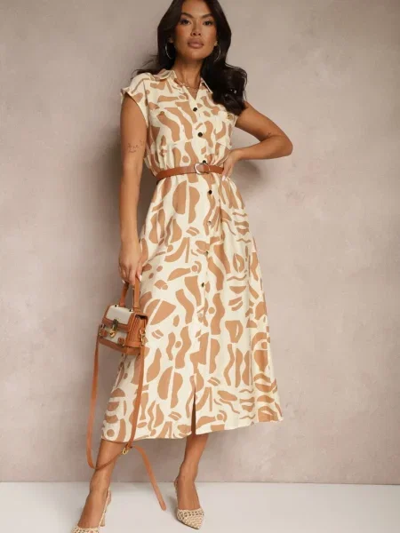 Sukienka Koszulowa z w Geometryczny Print Arathia beżowa