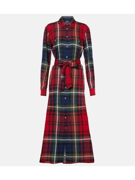 Sukienka koszulowa Polo Ralph Lauren w kratkę garniturowa brązowa