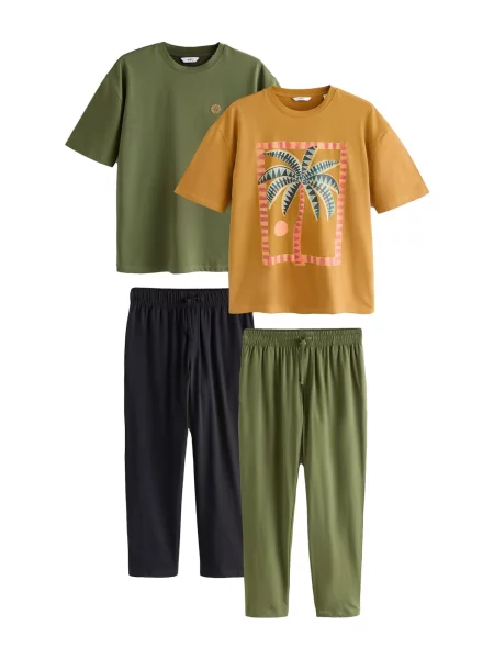 Next Pijama lungă bleumarin / oliv / mentă / portocaliu mandarină verde