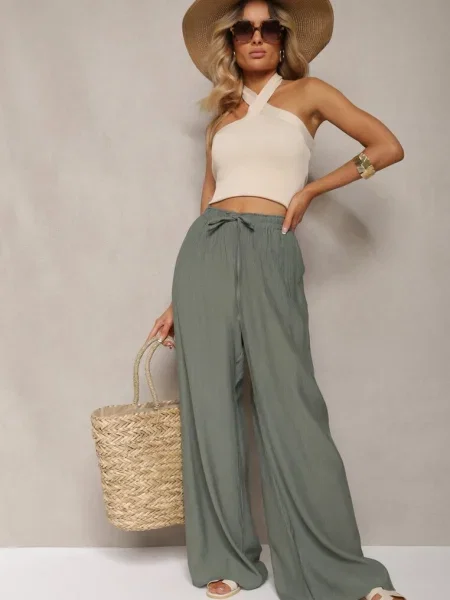 Pantaloni largi din închis cu și șnur în talie Tarallia verde