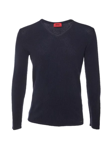 Lung tricou Boss Green Hugo Boss tricotate cu decolteu în V albastru