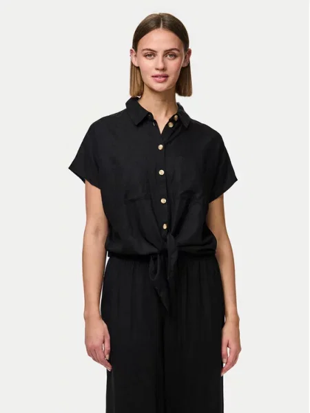 Bluzka koszulowa o kroju regular fit z mieszanki i lnu model PIA' Pieces czarna