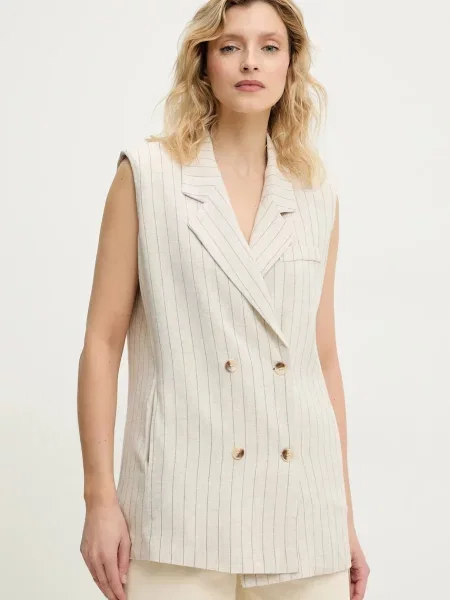 Answear Lab kamizelka z lnem dwurzędowa beżowy