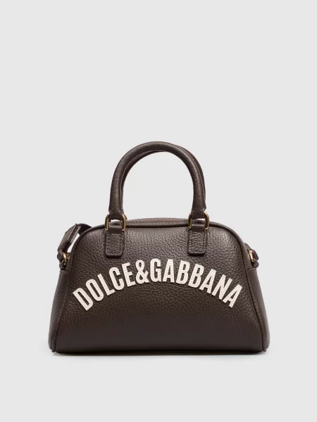 Дитяча шкіряна сумка з нашивкою логотипа Dolce&gabbana коричнева