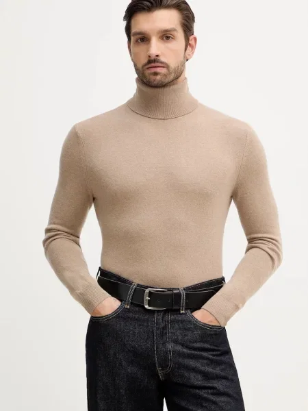 Sisley sweter z domieszką wełny lekki z golferm beżowy