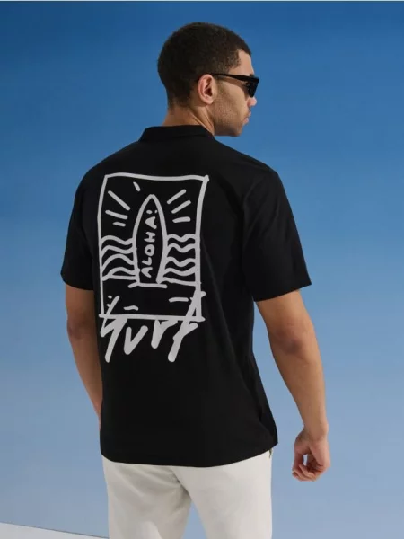 Sinsay koszulka polo z nadrukiem wakacyjnym czarny