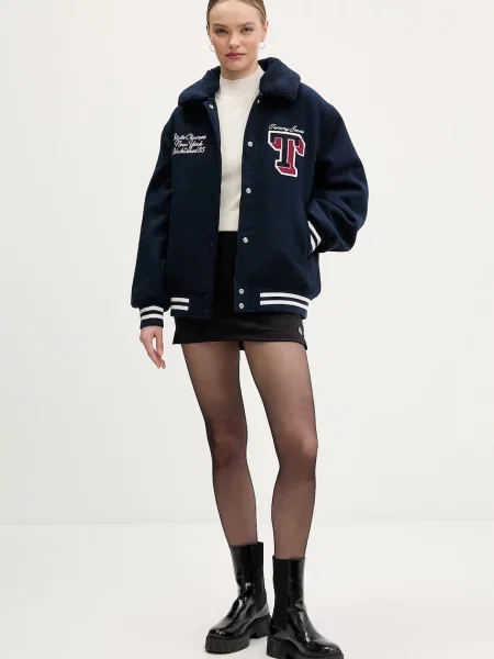 Tommy Jeans kurtka z dodatkiem wełny granatowa
