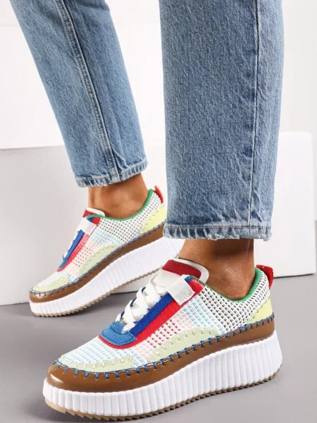 Sneakers Alb-Maro pe Platformă cu Ținte și Inserții Patchwork Jeneria alb