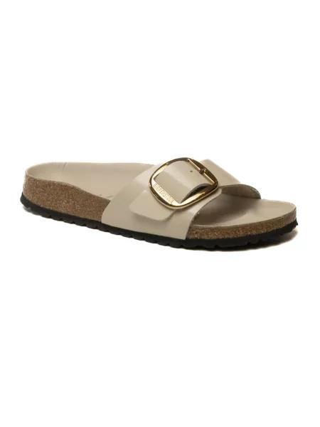 Klapki Birkenstock skórzane na sprzączkę beżowe