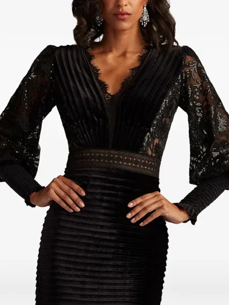 Rochie midi Tadashi Shoji plisată din dantelă până la genunchi negru