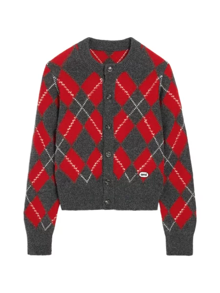 Cardigan Ami Paris de lână cu model argyle gri