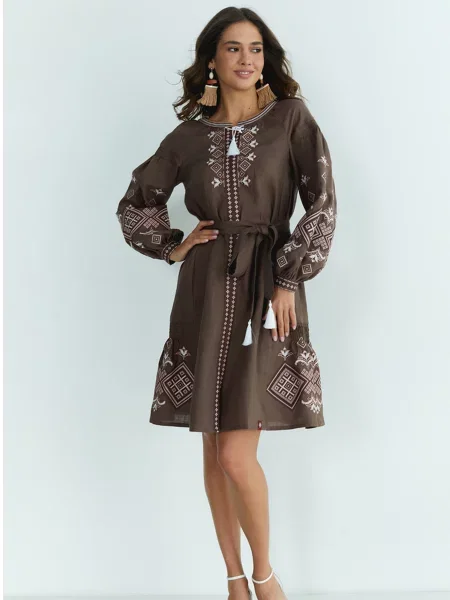 Лляна Вишита сукня Folk Moda коричневий