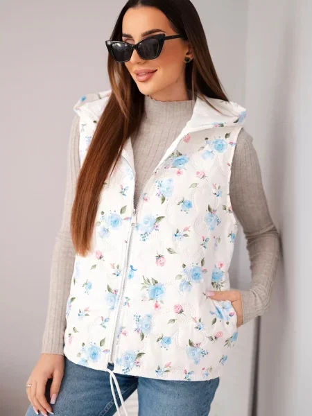 Kamizelka Kesi Włoski w kwiatki z kapturem biała