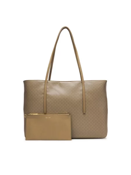 Calvin Klein Τσάντα Emblem Aop Tote W/ Pouch Μπεζ λευκό