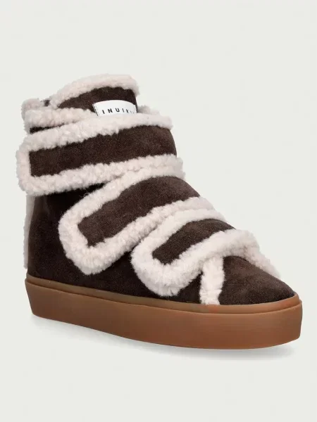 Inuikii botine pentru femei din piele întoarsă Shearling Velcro Wedge maro
