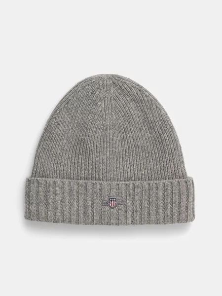 Вълнена шапка Gant от плътен трикотаж от вълна сиво