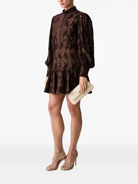 Rochie mini Bardot cu volane din dantelă maro