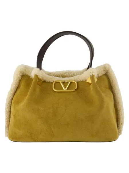 Mała lniana torebka skórzana Valentino Garavani beżowa