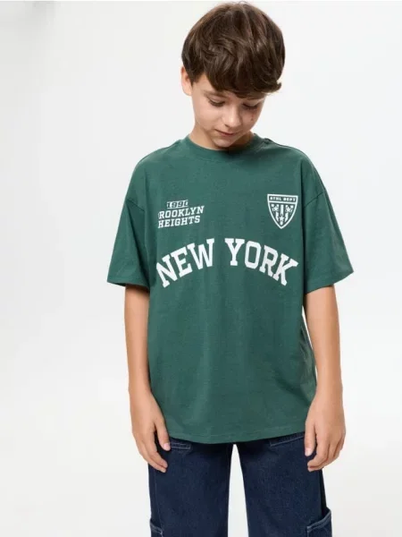Sinsay tričko oversized s nápisem New York green spruce zelené