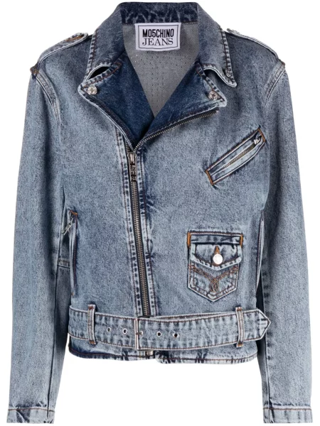Kurtka jeansowa Moschino Jeans z kryształkami biker niebieska