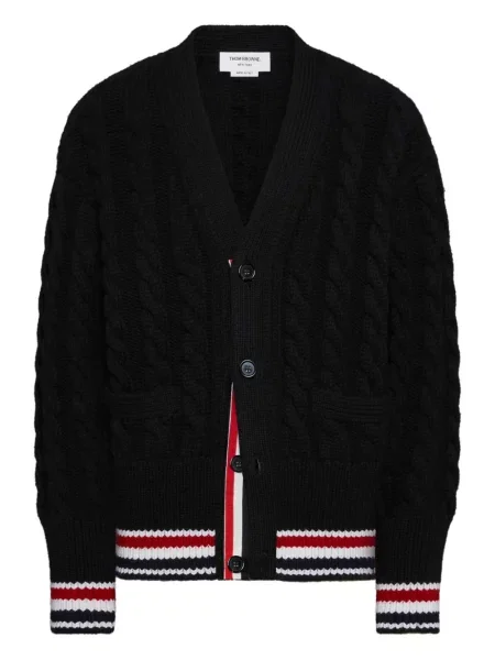 Cardigan Thom Browne cu dungi cu decolteu în V negru