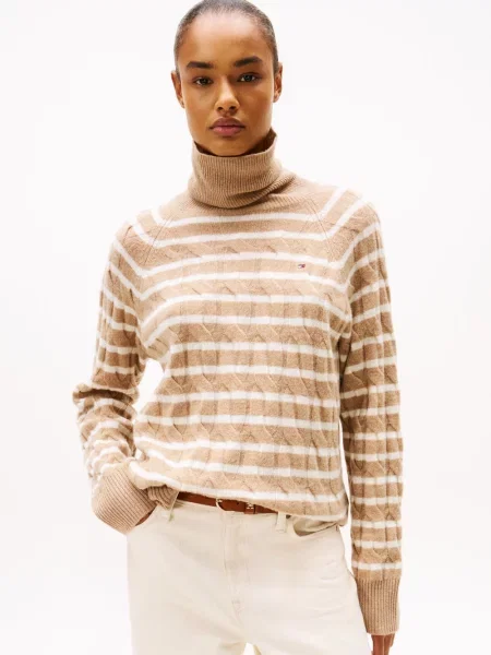 Tommy Hilfiger Wełniany sweter Kobiety Wełna beżowy|niebieski w paski S beżowy