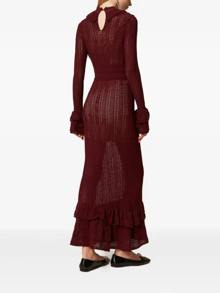 Rochie maxi Twinset tricotate cu volane de costum roșu