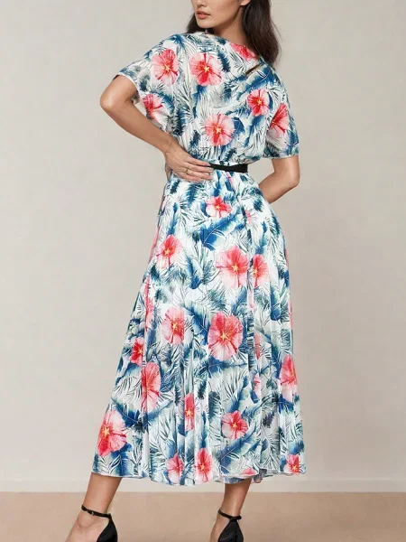 Rochie midi Resti cu model floral plisată până la genunchi albastru