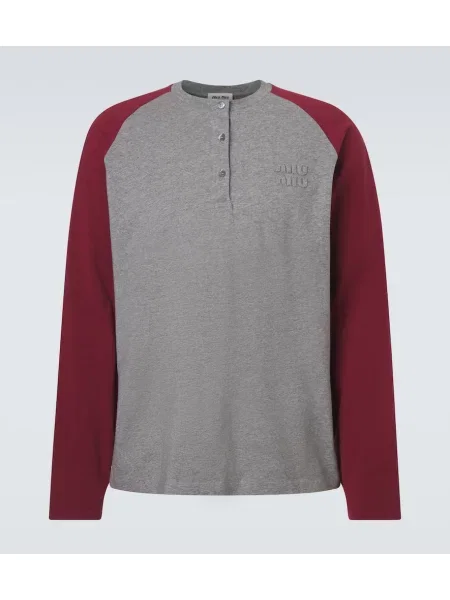 Cămașă Miu Miu din jerseu cu guler henley cu autograf gri