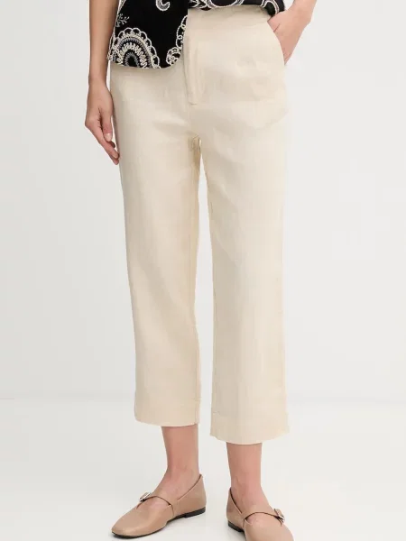 Pedro del Hierro spodnie lniane proste high waist beżowy