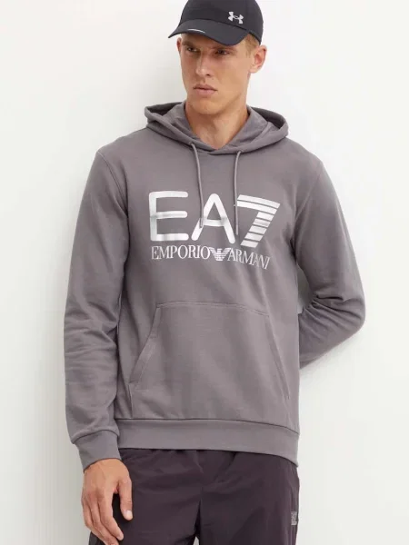 Суичър с качулка Ea7 Emporio Armani с качулка с принт сиво
