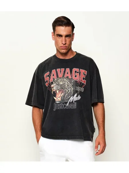 Just Cavalli Tricou Savage Leopard | Oversize fit negru
