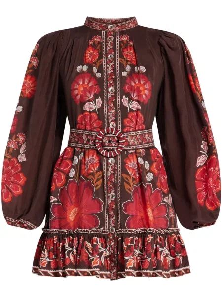 Rochie mini Farm Rio cu model floral cu imagine de costum maro