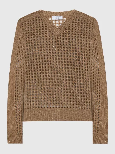 Ажурний пуловер з люрексом Brunello Cucinelli коричневий