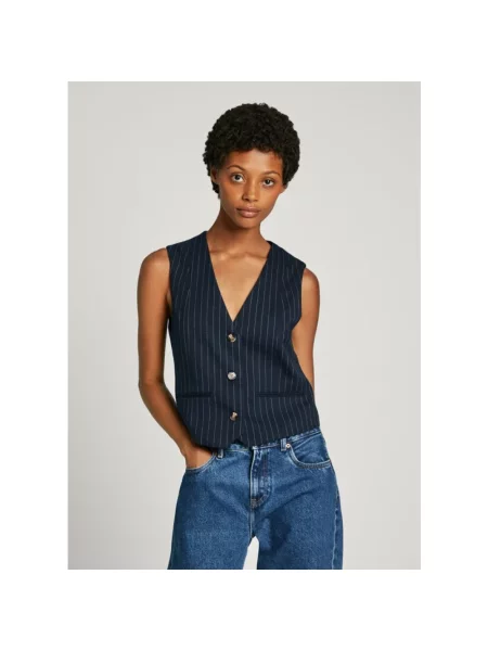 Kamizelka jeansowa Pepe Jeans w paski z dekoltem w serek niebieska