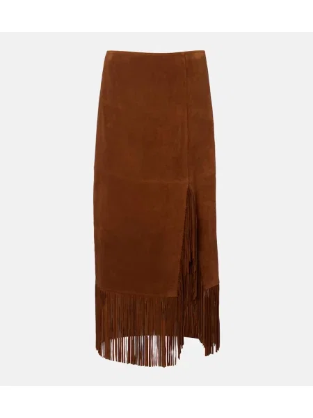 Fustă midi Polo Ralph Lauren cu franjuri din piele de căprioară până la genunchi maro