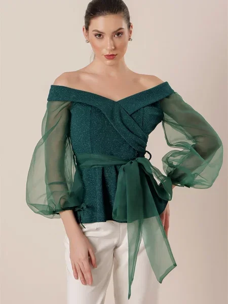 Gulerat cu centură bluză By Saygı din organza verde