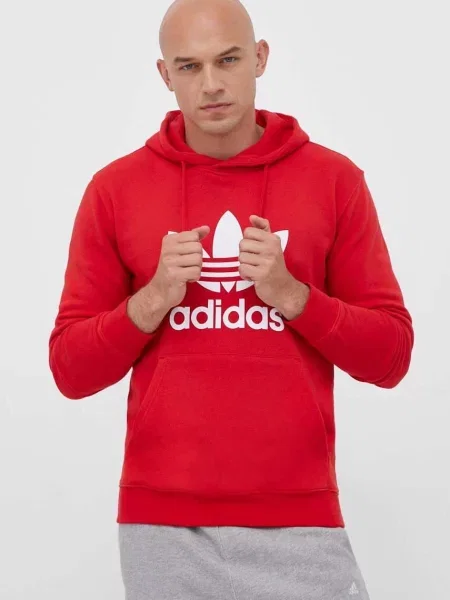 Bombažen pulover adidas Originals s kapuco rdeča