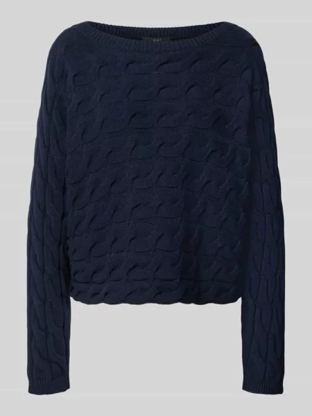 Sweter z dzianiny o kroju relaxed fit z mieszanki bawełny ze ściegiem warkoczowym Oui granatowy