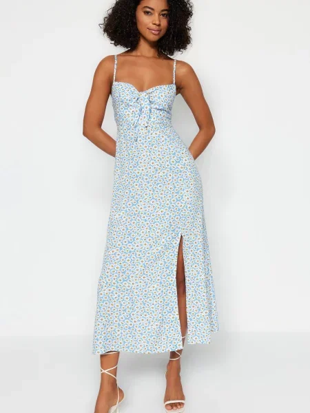 Sukienka midi Trendyol w kwiatki z nadrukiem wiązana biała